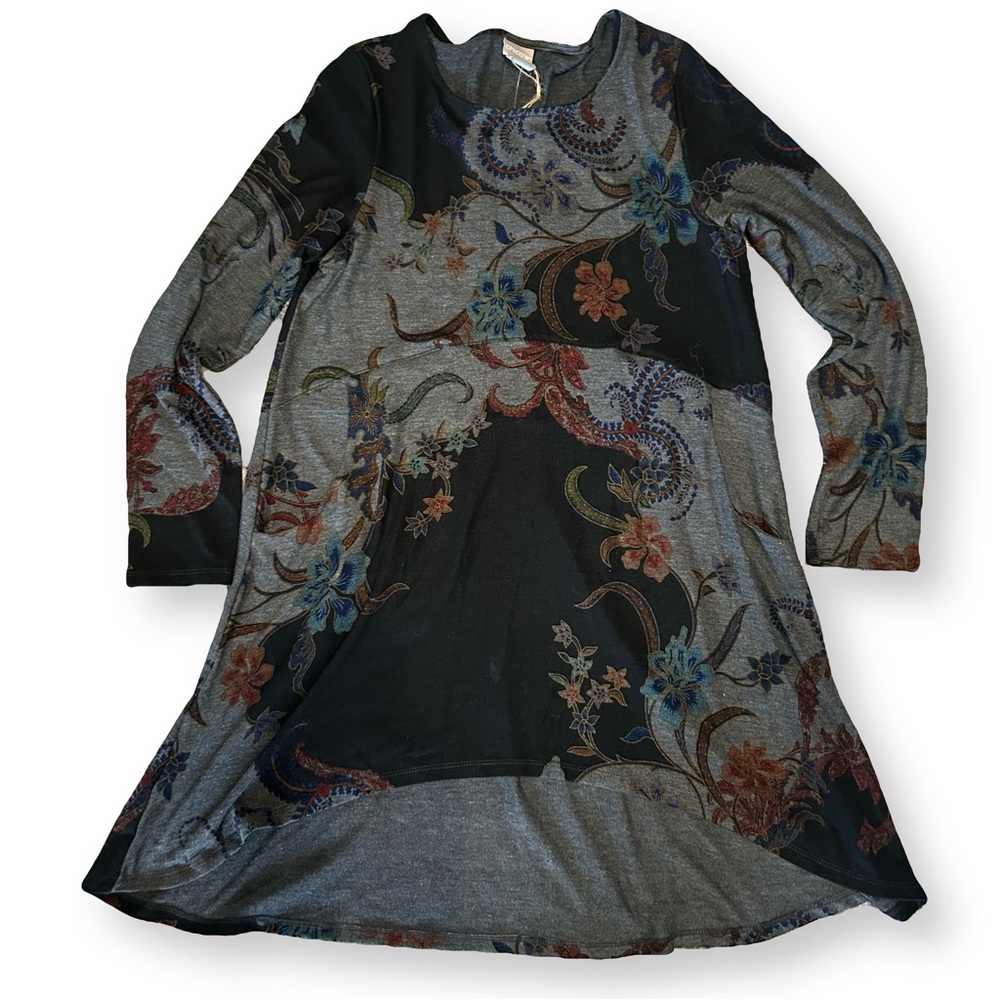 Chico’s / Long Sleeve Knot Tunic High Low Hemline in Dark Floral Paisley Small